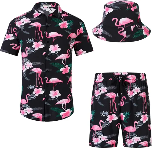 Vista 19 de EISHOPEER Conjunto hawaiano de flores para hombre, camisa de manga corta y pantalones cortos, trajes con sombreros de pescador