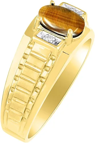Vista 2 de RYLOS - Anillos para hombre de oro amarillo de 14 quilates Anillo de diamante y ojo de tigre con diseño de 0315 x 0236in de color de piedra