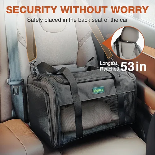 Vista 4 de Transportador para gatos y perros pequeños aprobado por aerolíneas de 17"x11"x9.5"– De lados suaves, bolsa de viaje plegable debajo del asiento