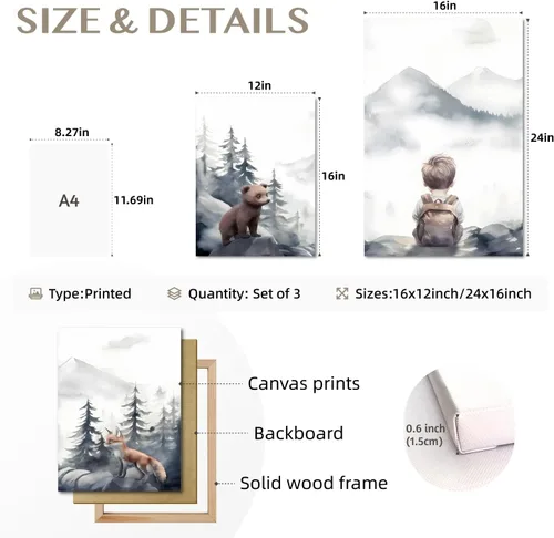 Vista 7 de kilamino Arte de pared de bosque neutral con animales salvajes, lindo póster de oso y zorro para guardería, impresiones de póster de aventura
