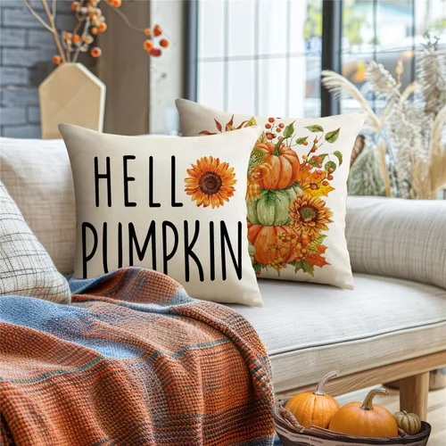 Vista 3 de Juego de 4 fundas de almohada decorativas de otoño de 18 x 18 pulgadas, decoración de granja de Acción de Gracias, Hello Pumpkin al aire libre
