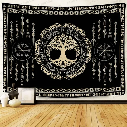 Vista 22 de F-FUN SOUL Tapiz de los vikingos nórdicos, franela suave, 40 x 30 pulgadas, nudo triskele vikingo, runa celta, tapiz de mitología estética