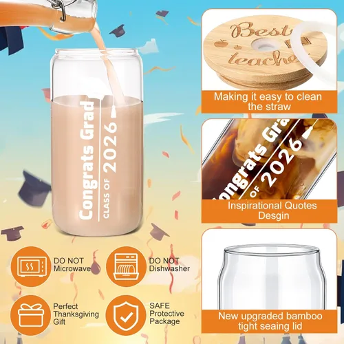 Vista 3 de Tioncy 12 vasos de vidrio de graduación de clase 2026 a granel con tapas y pajitas, regalos de graduación de 16 onzas, regalo de graduación 2026