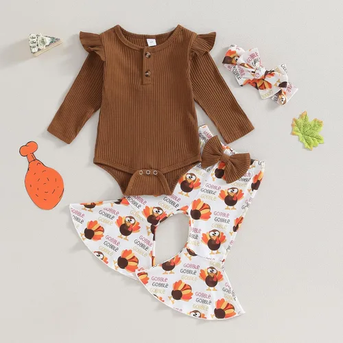 Vista 3 de Conjunto de mameluco acanalado para bebé recién nacida, Halloween, Acción de Gracias, enterizo con volantes, diseño de calabaza, pavo, pantalones
