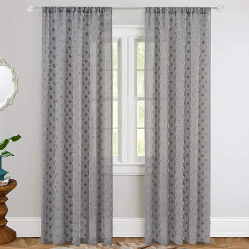 Vista 2 de DriftAway Olivia - Cortinas transparentes de gasa gris de vellón bordado para ventana con pompones, 2 paneles con pliegue para barra de 52 pulgadas