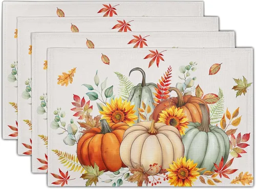 Vista 43 de Juego de 4 manteles individuales de otoño para mesa de comedor, hojas de calabazas de otoño, cosecha de Acción de Gracias, tela lavable