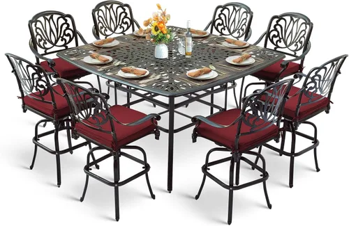 Vista 21 de Juego de barra para exteriores de 10 piezas, muebles de bar de aluminio fundido para todo tipo de clima con 8 taburetes de bar giratorios Bronce