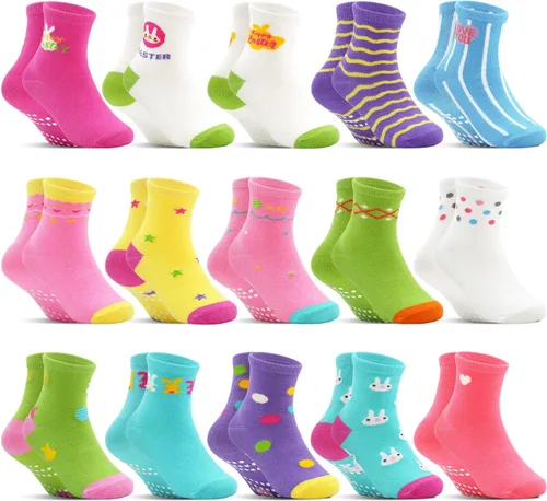 Vista 8 de Calcetines antideslizantes para niños pequeños, 15 pares, calcetines de agarre para niñas y niños de 0 a 7 años, calcetines suaves de dibujos