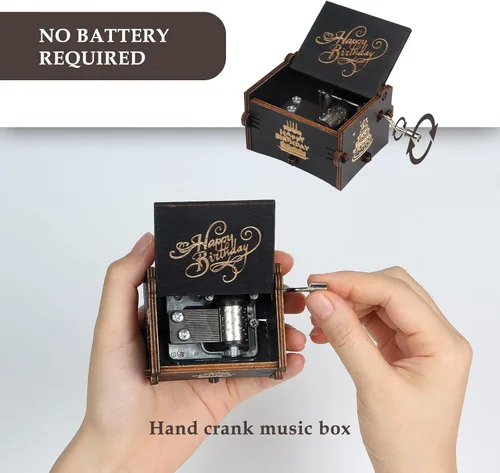 Vista 4 de Caja de música de feliz cumpleaños, manivela de madera, instrumento musical grabado con melodía, regalos para mamá, papá, hija, hijo, esposa, esposo