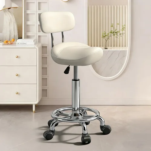 Vista 13 de Taburete con pedal de anillo y respaldo, silla hidráulica ajustable con ruedas para uso médico, masaje, salón, spa, cocina y dibujo