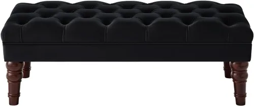 Vista 4 de 24KF Banco de entrada tapizado con botones capitoné de terciopelo con pata de madera maciza, banco de cama otomano con asiento acolchado, 5061N-Negro