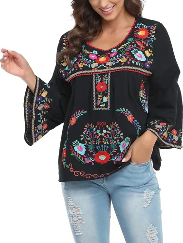 Vista 3 de YZXDORWJ Blusa campesina mexicana de algodón para mujer, color blanco
