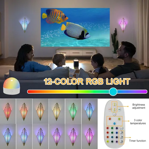 Vista 2 de Juego de dos apliques de pared modernos que funcionan con pilas, lámpara de pared simple y creativa Art Deco con control remoto, luz de pared LED