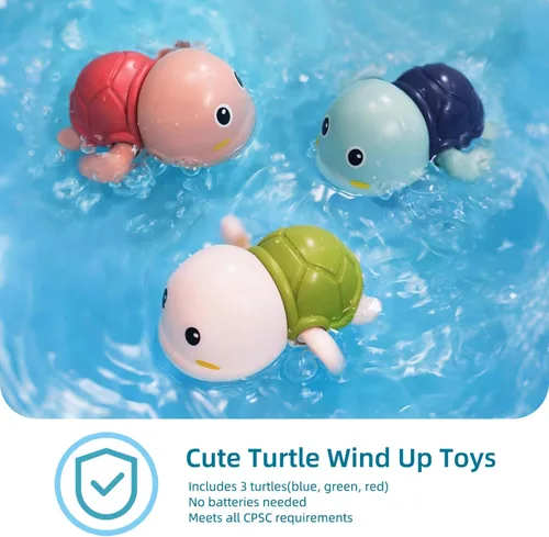 Vista 2 de LiKee Juguetes de baño, paquete de 3 con 3 colores, lindas tortugas de natación, juguetes de cuerda para bebés de 1 año en adelante, juguetes