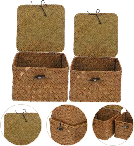 Vista 6 de Yardwe Cesta de almacenamiento tejida rectangular de la cubierta de la caja del tejido del pañuelo-ahorro de espacio