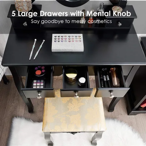Vista 4 de LDAILY Juego de mesa de tocador estable con espejo giratorio de 360°, escritorio de maquillaje con taburete acolchado y 5 cajones para espacios
