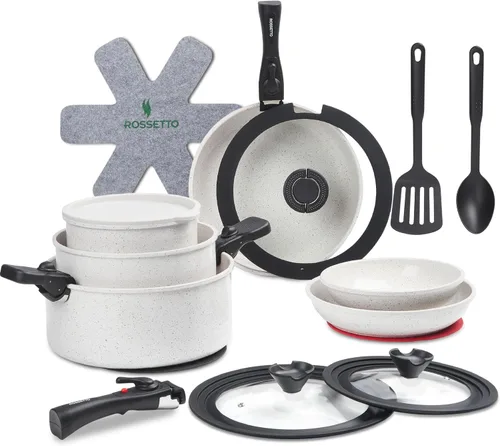 Vista 8 de ROSSETTO Juego de 17 ollas y sartenes antiadherentes de Francia, juego de utensilios de cocina de cerámica con mango extraíble, juego de utensilios
