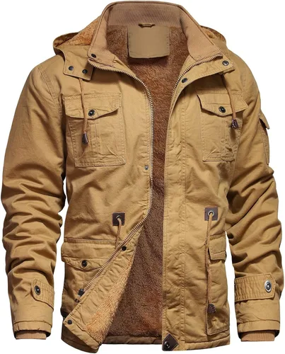 Vista 14 de Chaqueta de invierno para hombre, chaqueta militar, chaqueta tipo cargo con forro polar, chaqueta cálida con capucha desmontable, chaqueta