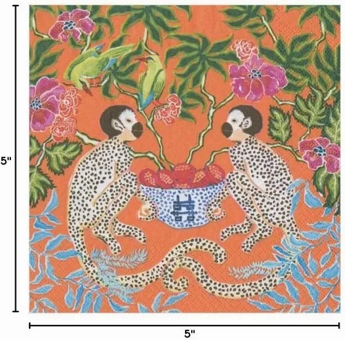 Vista 9 de Caspari Servilletas de cóctel de papel Monkeys en naranja, 20 por paquete