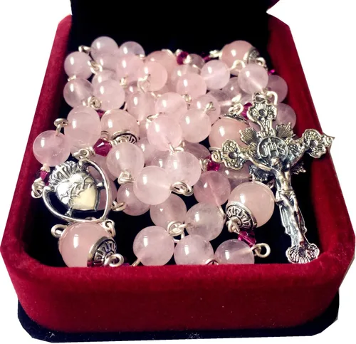 Vista 2 de elegantmedical Hecho a mano de cuarzo rosa cuentas de cristal de plata esterlina católica rosario cruz crucifijo collar caja, elegantmedical