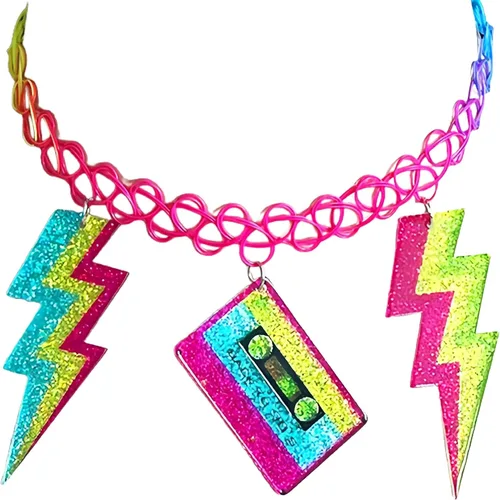 Vista 5 de Hupplle Accesorios de los años 80 y 90 para mujer, collar de acrílico de neón retro con casete de rayos, colgante de radio, joyería colorida