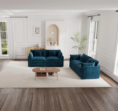Vista 31 de KEIKI Juego de sofá de 2 piezas con 2 sofás individuales de felpilla de gran tamaño, estilo moderno tapizado de 2 plazas con 2 almohadas, cojines