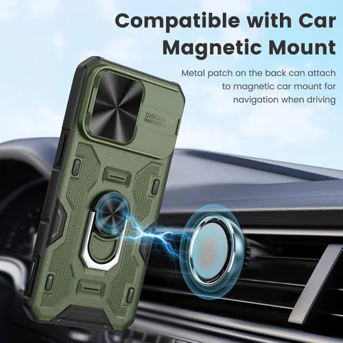 Vista 6 de Caka - Funda para iPhone 13 Pro con soporte y funda para cámara, color verde 360° Rotated Kickstand, Sliding Camera Lens Cover, Heavy Duty Hard