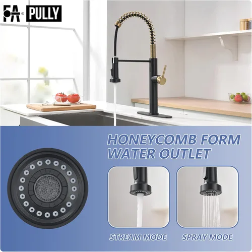 Vista 3 de Fapully Grifo de cocina sin contacto con rociador extraíble, sensor negro y dorado, grifo comercial de fregadero de cocina de una sola manija