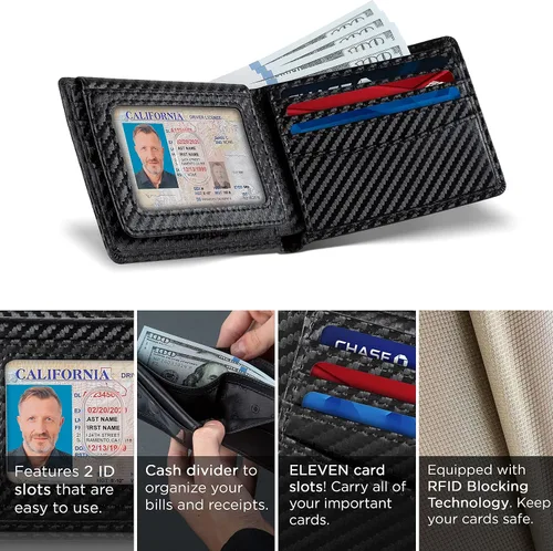 Vista 4 de SERMAN BRANDS Cartera de 2 ventanas de identificación para hombres con bloqueo RFID, tapa plegable, cartera de viaje de capacidad adicional