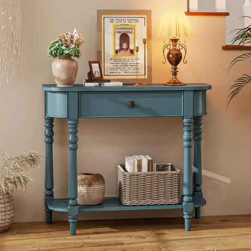 Vista 8 de Giantex Mesa consola de 2 niveles, mesa de entrada retro de 36 pulgadas con cajón de almacenamiento y patas elegantes, mesa de sofá de madera Azul
