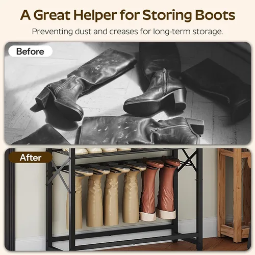 Vista 5 de YATINEY Zapatero alto para entrada, organizador de almacenamiento de zapatos de metal con estante para botas, zapatero resistente de 10 niveles