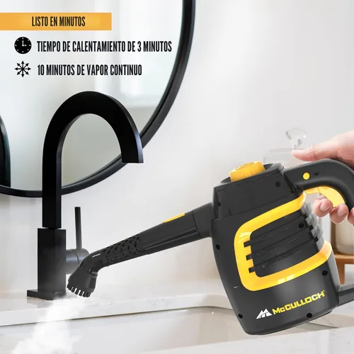 Vista 3 de McCulloch MC1230 - Limpiadora de vapor de mano, tiempo de ejecución de 10 minutos, 11 accesorios: boquilla de chorro, cepillos y más - Construido