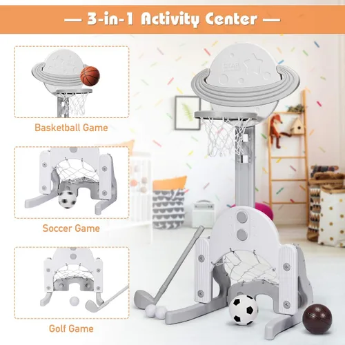 Vista 3 de AKUSTIK 3 in 1 Toddlers Basketball Hoop Stand, Adjustable Height Sports Center with Basketball Soccer Golf Game Set, Portable Indoor Outdoor