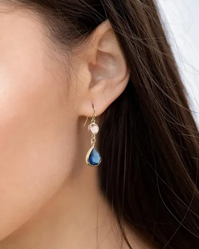 Vista 4 de Pendientes Colgantes de Zafiro Azul y Gotas de Topacio Azul en Oro Hechos a Mano con Aguamarina para Mujeres - Azul y Rosa Aguamarina (Aquamarine)