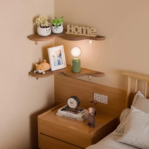 Vista 6 de Cute Cloud Corner Shelves - Set of 2 Brown Wooden Floating Corner Shelves Wall Mounted, 90-Degree Space-Saving Nursery Shelves with Brackets, Kids
