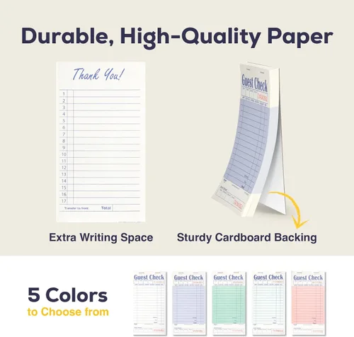 Vista 5 de FMP Brands Libros de Comprobantes de Huéspedes para Meseros, Papel de Blocs de Notas para Meseros, Total 250 Hojas (5 Blocs), Azul con Recibo