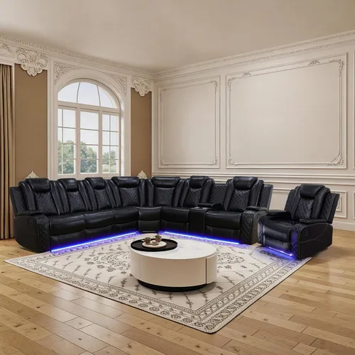 Vista 19 de Juego de sofá reclinable eléctrico para sala de estar, juego de sofá reclinable de cuero con luz LED, soporte para tazas, almacenamiento de consola