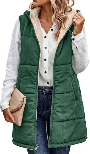 Vista 13 de ECOWISH Chaleco largo acolchado para mujer: chaqueta de forro polar reversible con cremallera para otoño 2025, abrigo de invierno cálido sin mangas