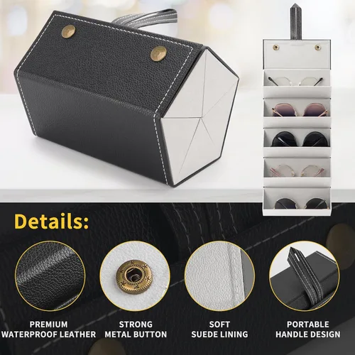 Vista 3 de Estuche de viaje para lentes de sol, organizador plegable de 5 ranuras, caja de almacenamiento colgante para mujeres y hombres, Negro