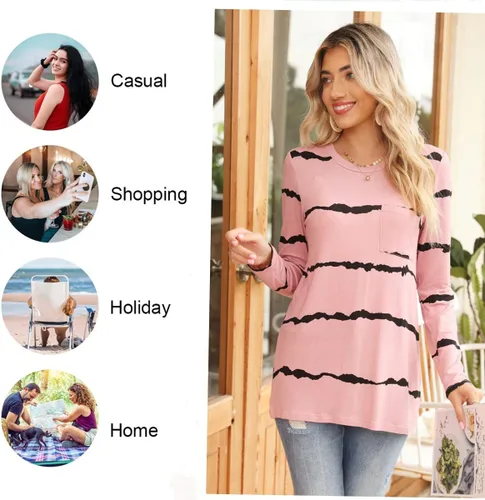 Vista 5 de HOTGIFT Blusa de manga larga con cuello redondo para mujer, para otoño, invierno, holgada, cómoda, suave, con bolsillo
