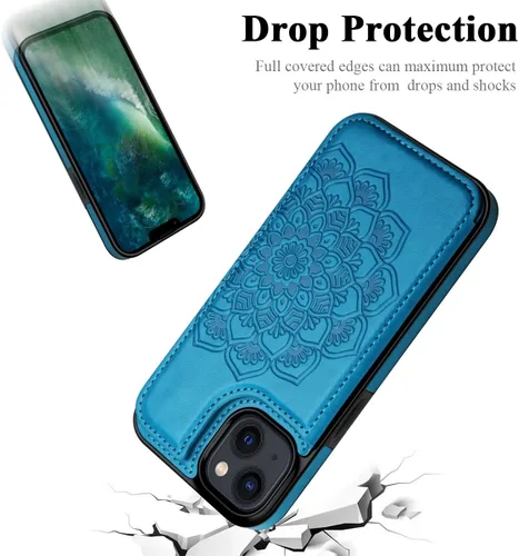 Vista 6 de MMHUO para iPhone 14 Funda con Tarjetero, Funda Flip Magnética con Flores en la Parte Posterior para Cartera de iPhone 14 para Mujeres, Funda Azul