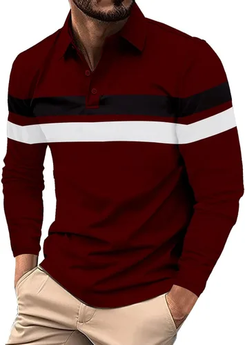 Vista 11 de Camisa polo para hombre, manga larga, cuello abotonado, bloque de color, moda para trabajo y golf