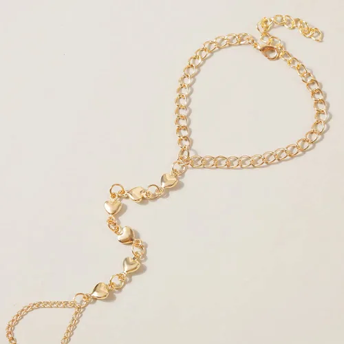 Vista 4 de Jumwrit Pulsera de cadena de mano con anillo de dedo, pulsera de eslabones dorados, arnés de mano de esclavo, pulsera de corazón de amor, pulsera