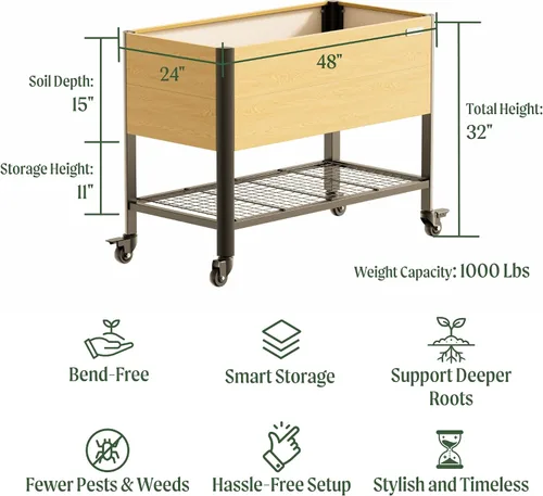 Vista 2 de Cama de jardín elevada con ruedas, macetas elevadas de grano de madera de metal de 2 x 4 pies con patas y estante de almacenamiento para patio