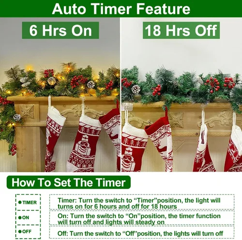 Vista 3 de TURNMEON Guirnalda de Navidad preiluminada de 6 pies por 10 pulgadas con temporizador, 30 luces cálidas, 8 piñas, pino con cerdas nevadas, 56 bayas