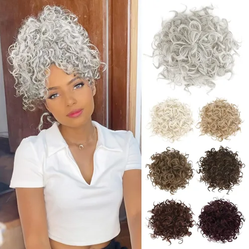 Vista 9 de HOOJIH - Moño desordenado para el pelo, pieza de pelo con cordón elástico, onda suelta, gran moño rizado, corto, extensión de cola de caballo Negro