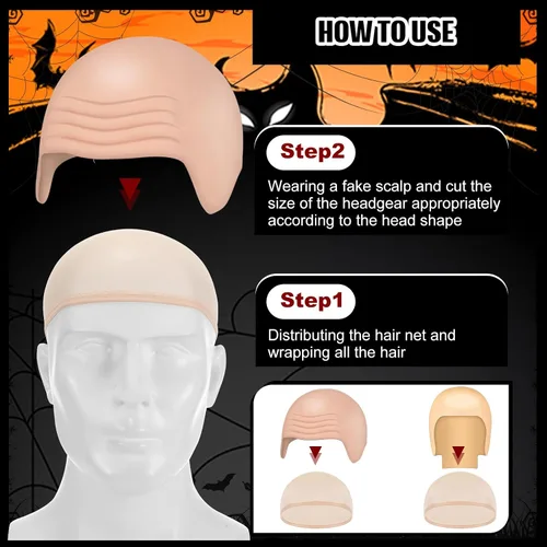 Vista 4 de WILLBOND 4 piezas de gorras calvas de Halloween para maquillaje de látex calvo, gorra para cabeza, peluca, sombrero, accesorios de disfraz