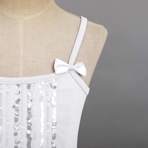 Vista 7 de AFAVOM Vestido de ballet con lentejuelas y flecos para niñas pequeñas, vestido de ballet con purpurina y plumas, tutú con falda, leotardo