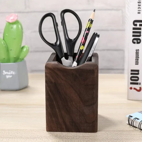 Vista 5 de Toyvian Caja de madera para bolígrafos, organizador de escritorio multiusos, caja de almacenamiento de madera natural ecológica (nogal negro)