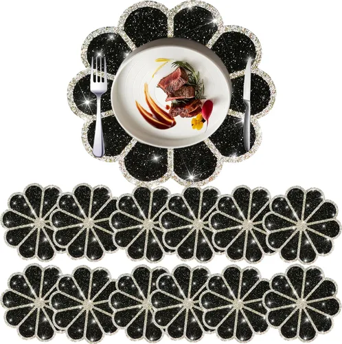 Vista 24 de Juego de 1 mantel individual redondo en negro, manteles individuales brillantes resistentes al calor, lavables, para cena, cocina, boda, decorativos